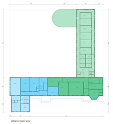 <p>Huidige plattegrond van de begane grond van gebouw 5 met in kleur de verschillende functies en gebruikers weergegeven.</p>

<p>Groen: wacht en cellenblok<br />
Blauw: kantoren</p>
